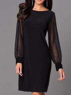 Party Long Sleeve Crew Neck Dress | justfashionnow Formal Wedding Guest Attire, Solid Color Dress, Crewneck Dress, Business Outfit, Mesh Long Sleeve, Womens Black Dress, Dress Plus Size, Long Sleeve Mini, Evening Attire