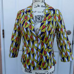 * Countess Colorful Triangle Pattern Blazer Sz Medium * Two Front Pockets * One Front Button Closure * Super Cute * Brand New Fitted Multicolor Top For Workwear, Spring Multicolor Cotton Blazer, Fitted Multicolor Cotton Outerwear, Yellow Long-sleeved Cotton Blazer, Multicolor Cotton Outerwear For Work, Multicolor Cotton Blazer For Fall, Vibrant Fitted Cotton Top, Fitted Yellow Cotton Outerwear, Fitted Cotton Retro Blazer