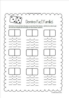 the worksheet for dominos fact families is shown in black and white, with two