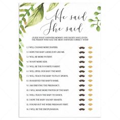 He said she said baby shower game printable by LittleSizzle He Said She Said Game, Green Baby Shower Invitations, Green Bridal Showers, Baby Shower Game Cards, I Loved You First, Garden Baby Showers, Baby Sprinkle Invitations, He Said She Said, Sprinkle Invitations