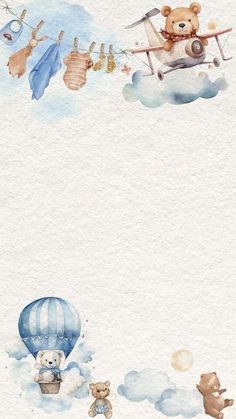 a watercolor painting of teddy bears flying in the sky with an airplane and bear