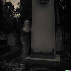 a statue with a clock on it in front of a grave yard and trees behind it