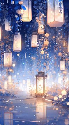 lanterns are floating in the air above water and trees with leaves on them, as well as snowflakes