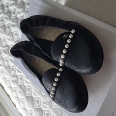 Item Can Be Authenticated By Poshmark If Purchace Price Is Over $500. Purchased By Me From The Real Real. Never Worn By Me. Sales Tag Still Attached. I Did Not Recieve The Box. Authenticated By The Real Real. Original Sales Invoice From The Real Real Will Be Sent With The Shoes. Size 39. Chanel Runs Small..I Am A Size 8 And They Fit Perfectly. Perfect Condition Other Than Scuffing Of The Sole Reflective Of Less Than 3 Wears. Gorgeous Black Crackled Suede (Close Up Picture Provided) With Pearl Ac Designer Formal Flats With Flat Heel, Designer Flats For Formal Occasions, Elegant Round Toe Slip-ons For Galas, Designer Formal Flats With Almond Toe, Designer Almond Toe Flats For Galas, Luxury Slip-ons For Workwear, Luxury Slip-on Flats For Formal Occasions, Designer Flat Loafers For Office, Casual Round Toe Loafers For Evening