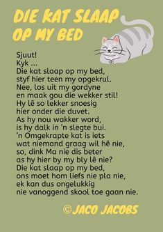 a poem written in german with a cat sleeping on it's back legs and the words die rat slap op my bed