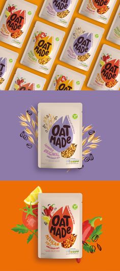 an assortment of food packaging mockups on different colors and patterns, including oranges, yellows, and purples