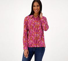 Add some instant energy to your everyday outfit with this printed Heavenly Jersey button-front shirt. From Denim & Co.® Fashions. Everyday Outfit, Button Front Shirt, Everyday Outfits, Shirt Blouses, Top Blouse, Energy