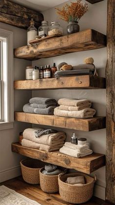 some shelves that have towels and other items on them