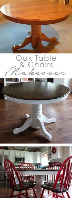 an old table and chairs are transformed into a dining room table