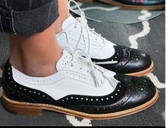 Color: Black White, size: 43 Casual White Leather Shoes With Brogue Detailing, Casual Wingtip Leather Shoes For Office, Casual Cap Toe Oxfords For Office, Casual Cap Toe Lace-up Shoes For Office, Leather Shoes Women Flats, Casual Shoes Women Flats, Flats Shoes Comfortable, Womens Boat Shoes, Comfortable Footwear