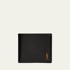 Saint Laurent wallet in smooth calf leather with metal YSL monogram in the corner. Interior: two bill compartments, eight card slots, two receipt pockets. Approx. 3.7"H x 4.3"W x 0.9"D. Made in Italy. Luxury Trifold Wallet For Formal Use, Luxury Trifold Wallet For Formal Occasion, Classic Formal Wallet With Logo Plaque, Classic Formal Wallets With Logo Plaque, Luxury Trifold Wallet With Smooth Grain, Classic Business Wallets With Engraved Logo, Classic Business Wallet With Engraved Logo, Classic Tan Business Wallets, Saint Laurent Wallet