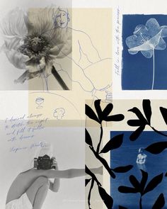 a collage of photos with flowers, leaves and writing on them is shown in black and white