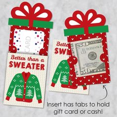 two christmas gift tags with the words, better than a sweater and one dollar bill