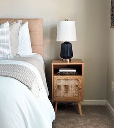 a bedroom with a bed, night stand and lamp on the nightstand next to it