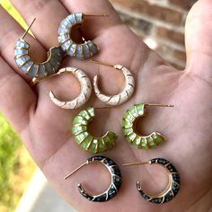 Shell mosaic and gold hoops Shell Mosaic, Gold Hoops, Baby Blue, Jewelry Shop, Mosaic, Shells, Pink, Gold, Blue