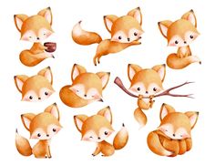 a set of nine watercolor foxes with different poses and expressions, each showing its own tail