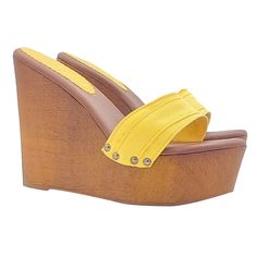 Clogs with Wedge brown wood effect base with double yellow band Comfortable padded insole Wedge height 13 cm and plateau 4 cm Stable and comfortable made entirely in Italy Craftsmanship. Manufactured by Kiara Shoes BEFORE COMPLETING YOUR PURCHASE DO NOT FORGET TO CHECK THE SIZE! Summer Open Toe Wood Heels, Summer Wood Open Toe Heels, Summer Wood Platform Heels, Summer Platform Sandals With Wood Material, Summer Wood Platform Sandals, Summer Wooden Platform Sandals, Wooden Platform Sandals For Summer, Yellow Open Toe Summer Clogs, Yellow Open Toe Clogs For Summer