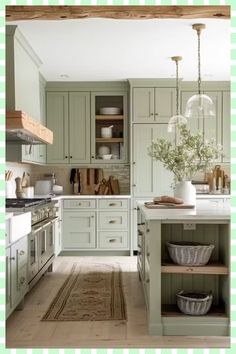 a kitchen with green cabinets and white counter tops, an area rug on the floor