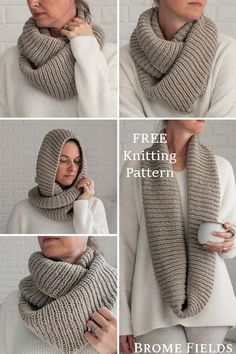 four photos showing how to knit a cowl scarf with the same knitting pattern as shown below