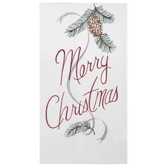 a christmas card with pine branches and the words merry christmas written in cursive writing