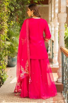 Rani pink kurta with placement embroidery. Paired with a sharara and dupatta with floral embroidery and tassel latkans. - Aza Fashions Placement Embroidery, Kurta Sharara Set, Jayanti Reddy, Pink Kurta, Kurta Sharara, Anushree Reddy, Rani Pink, Diana Penty, Rohit Bal