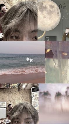 a collage of photos with the same person in front of them, and an image of a beach