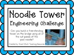 a blue and white sign with the words noodle tower engineering challenge