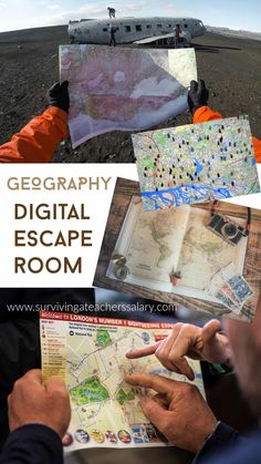 people looking at maps in the desert with text overlay that reads geography digital escape room