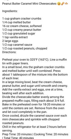 the recipe for peanut butter caramel cheesecakes is shown in this screenshot