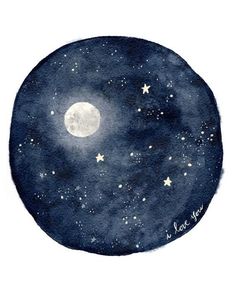 a painting of the moon and stars in the night sky with words written on it