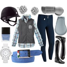 a woman's equestrian outfit is shown with accessories