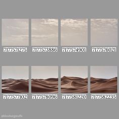 multiple images of sand dunes and clouds in the sky, with numbers on each side