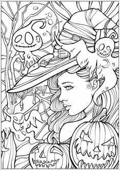 a coloring page for halloween with a girl wearing a witch's hat and pumpkins