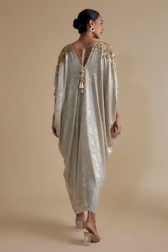 Buy Beige Satin Suede Embroidery Sequin V Neck Floral Sleeve Kaftan Dress For Women by Keith Gomes Online at Aza Fashions. Kaftan Dress Pattern, Embroidered Kaftan, Luxury Sale, Beaded Neckline, Floral Sleeve, Kaftan Dress, Gold Sequin, Bead Embroidery, Modern Bride