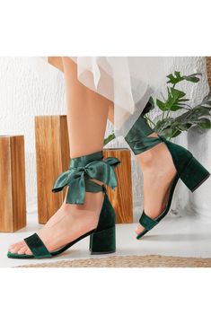 Forever & Always Shoes Athena Low Heel Sandals with Ribbon | Nordstrom Green Wedding Heels, Ribbon Heels, Unique Wedding Shoes, Velvet Sandals, Emerald Green Weddings, Green Sandals, Shoes Green, Green Heels