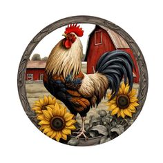 a rooster and sunflowers painted on a metal frame