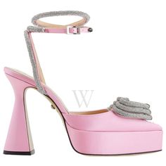 Mach & Mach Ladies Heels. SKU: FW23-S0310-CRP-922. Color: Pink. Mach Mach Pink Crystal Triple Heart Platform Pumps. These pink silk satin heels feature crystal-cut hardware, a pointed toe, heart appliques at the vamp, a wraparound pin-buckle ankle strap, a covered platform midsole, a covered block heel with rubber injection, a leather outsole, and silver-tone hardware. Made in Italy. Please visit the brand website for sizing information. Heart Platforms, Ladies Heels, Triple Heart, Brand Website, Versace Watch, Satin Heels, Cheap Gifts, Denim Shoes, Fragrance Gift Set