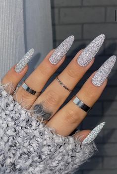 Trendy Silver Nails, New Years Nails Silver Glitter, New Years Long Nails, New Year Nails Design 2024 Almond, Silver Nails Christmas, New Years Nails Long, New Years Nails Silver, New Years Nails Almond Shape, White New Years Nails