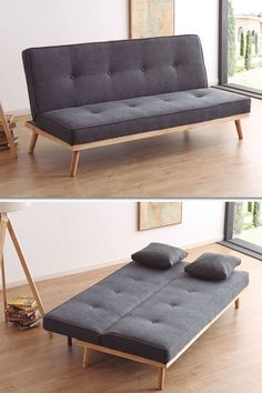 two pictures of a futon bed with pillows on top and bottom, in front of a window