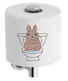 a roll of toilet paper with an image of a bunny sitting on the toilet bowl