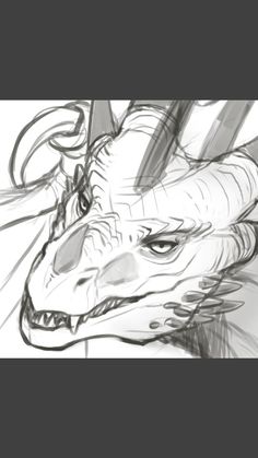 a drawing of a dragon's head with long horns