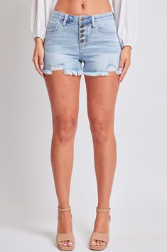 Summer Mid-rise Jean Shorts With Frayed Hem, Summer Distressed Mid-rise Jean Shorts, Distressed Mid-rise Jean Shorts For Summer, Mid-rise Distressed Jean Shorts For Summer, Mid-rise Frayed Hem Shorts For Summer, Summer Mid-rise Shorts With Frayed Hem, Summer Cutoff Bottoms With Frayed Hem, Summer Jeans With Frayed Hem And Short Cut, Spring Jeans With Frayed Hem And Short Length