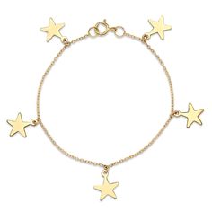 14K Gold Filled Five Star Charm Bracelet 5"-6" Long Adjustable Yellow Gold Star Bracelet, 14k Yellow Gold Bracelet With Star Charm, 14k Gold Star Charm Bracelet, 14k Gold Bracelets With Star Charm, Gold Star-shaped Celestial Bracelets, 14k Gold Bracelet With Star Charm, Gold Star-shaped Celestial Bracelet, Celestial Gold Star Bracelets, Star Charm Bracelet