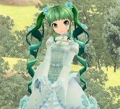 an animated image of a woman in a white dress with green hair and flowers on her head