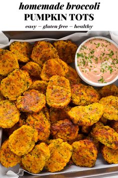 homemade broccoli pumpkin tots in a box with dipping sauce