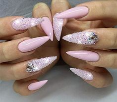 Bling Stiletto Nails, Pink Bling Nails, Matte Stiletto Nails, Pink Stiletto Nails, Baby Pink Nails, Nails Stiletto, Purple Nail Designs