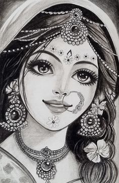 a pencil drawing of a woman with jewelry on her face