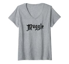 a gray t - shirt with the word muggle written in black ink on it