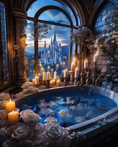 an indoor hot tub with candles and flowers in front of a castle like building at night