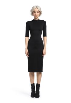 DELORA FITTED MOCK NECK MIDI DRESS Chic Stretch Midi Dress With Half Sleeves, Sleek Turtleneck Workwear Dresses, Fitted Midi Dress With 3/4 Sleeves For Daywear, Elegant Office Outfit, Black Fitted Midi Dress, Mock Neck Midi Dress, Casual Academia, Black Dress Outfit, Casual Grunge